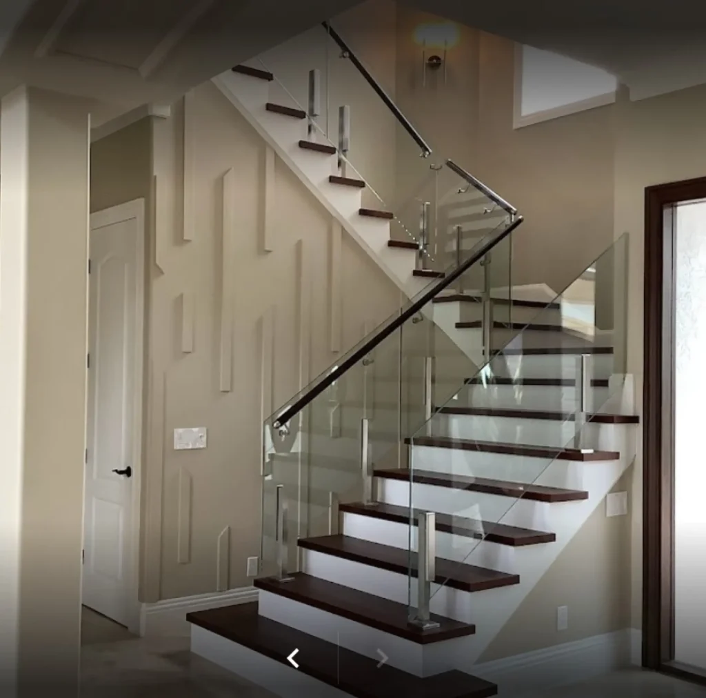 Wall paneling design laminate wood stairs with the square bull-nose tread and completed with glass railings